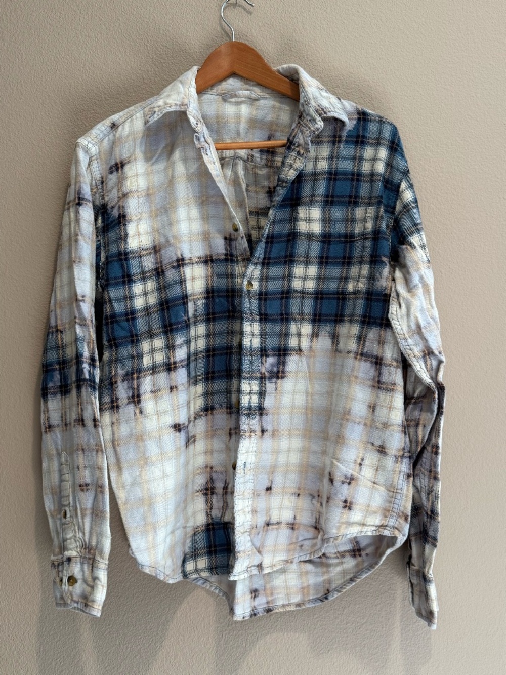 Upcycled Blue White Plaid Flannel Shirt Women’s Size M Distressed